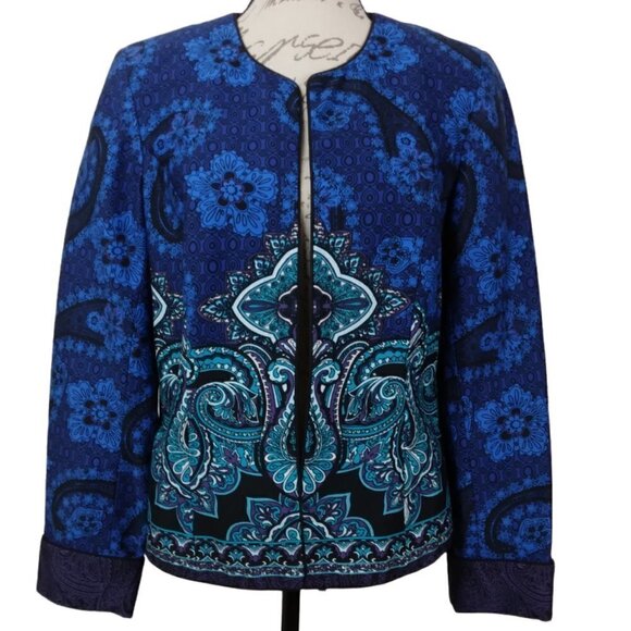 Coldwater Creek | Blue Green Paisley Print Open Front Lined Jacket | Size 10 - Picture 1 of 7